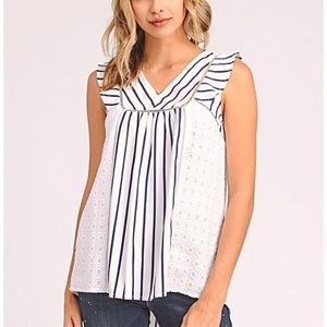 Doe & Rae Stripe & Eyelet Ruffle Sleeve Top